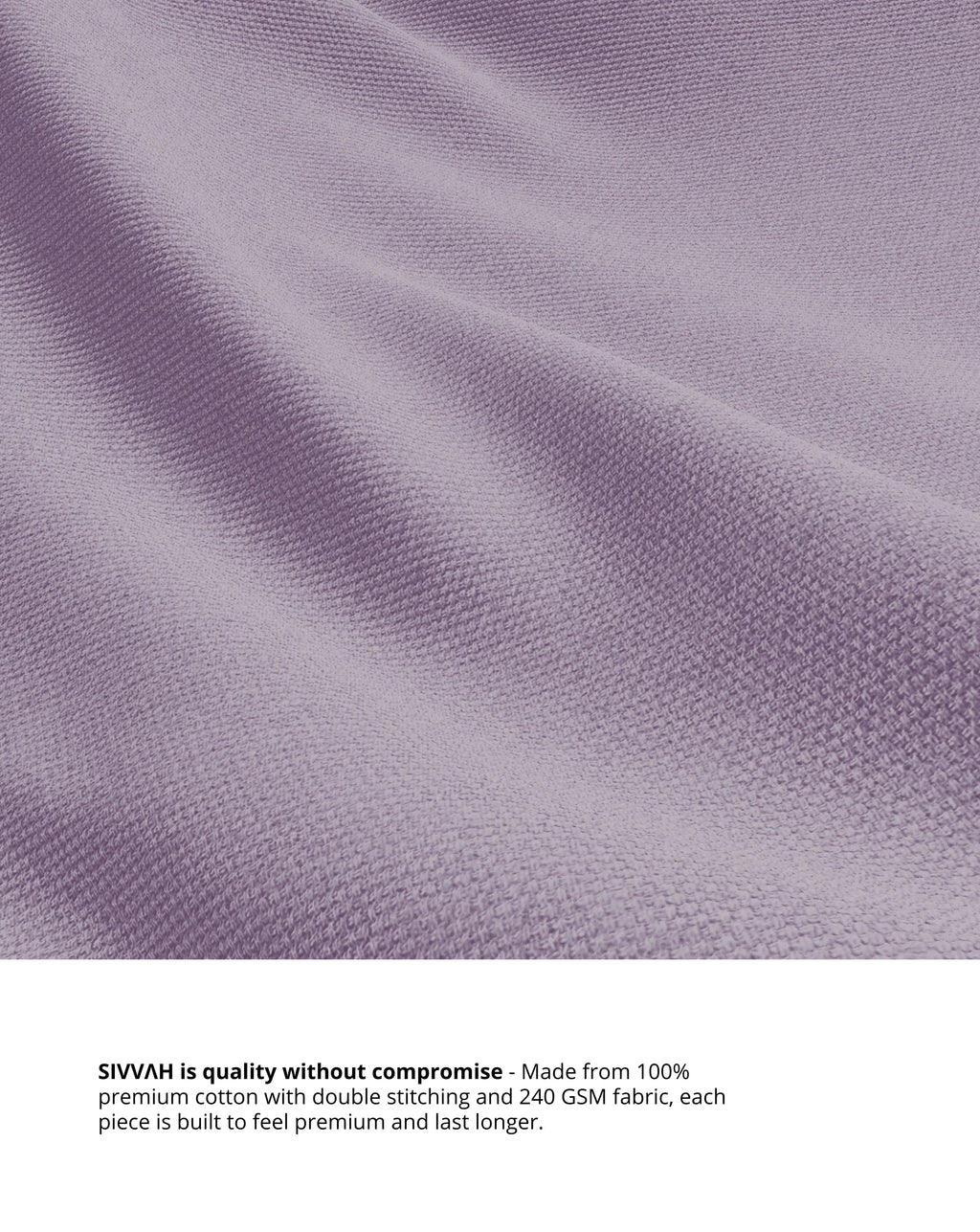 Close-up of purple fabric with text about SIVVAH's quality and material