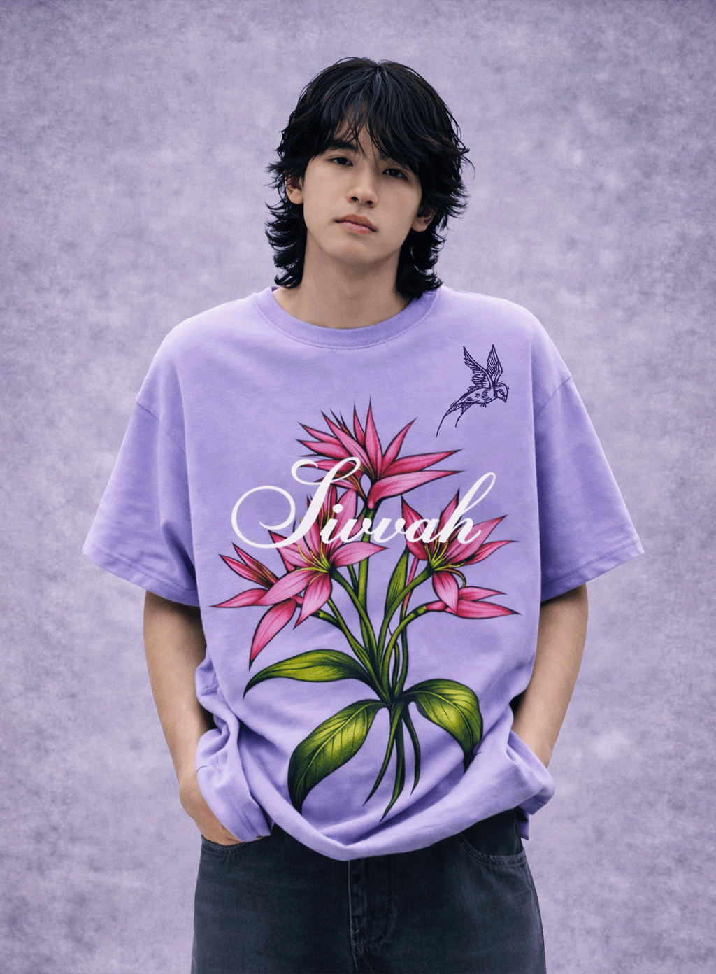 Person wearing a purple t-shirt with floral design and 'Sivah' text on a gray background