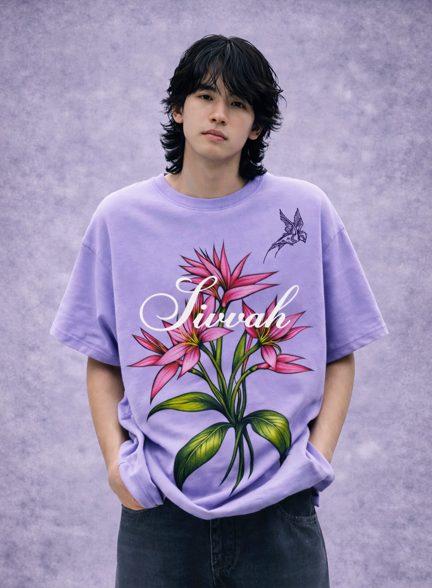 Person wearing a purple t-shirt with floral design and 'Sivah' text on a gray background