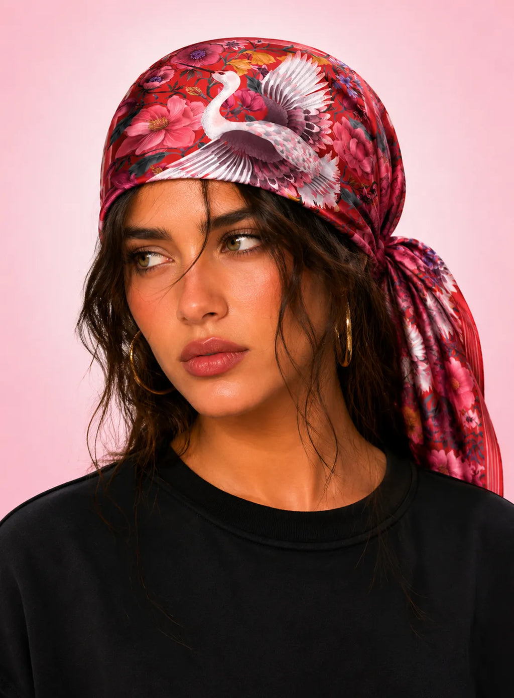 Crimson Crane Floral Scarf