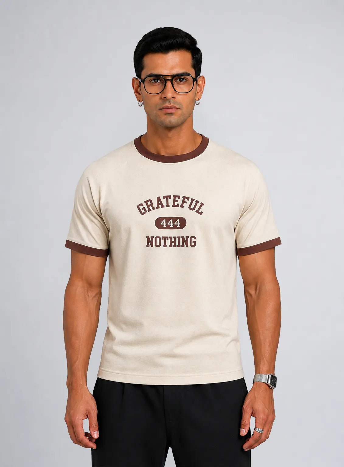 Ringer T-Shirt – off-white & Brown (Grateful 444)