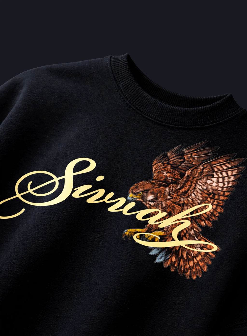 Black sweatshirt with a hawk design and 'Sivvah' text on a dark background