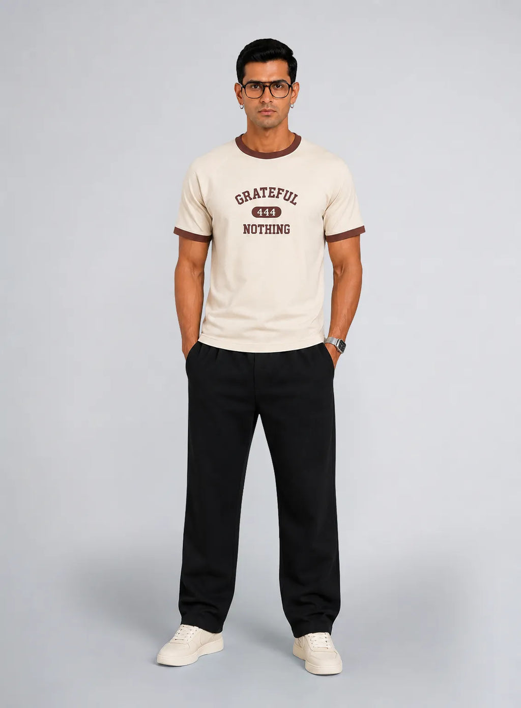 Ringer T-Shirt – off-white & Brown (Grateful 444)