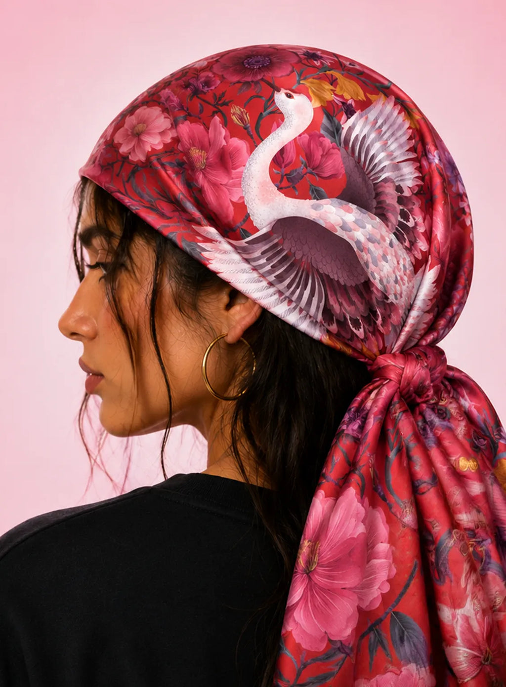 Crimson Crane Floral Scarf