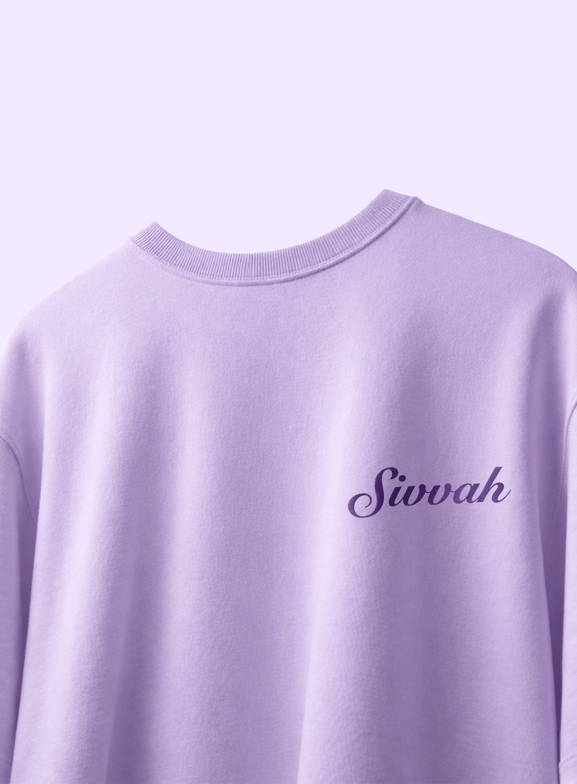 Purple sweatshirt with 'Sivvah' text on a light purple background