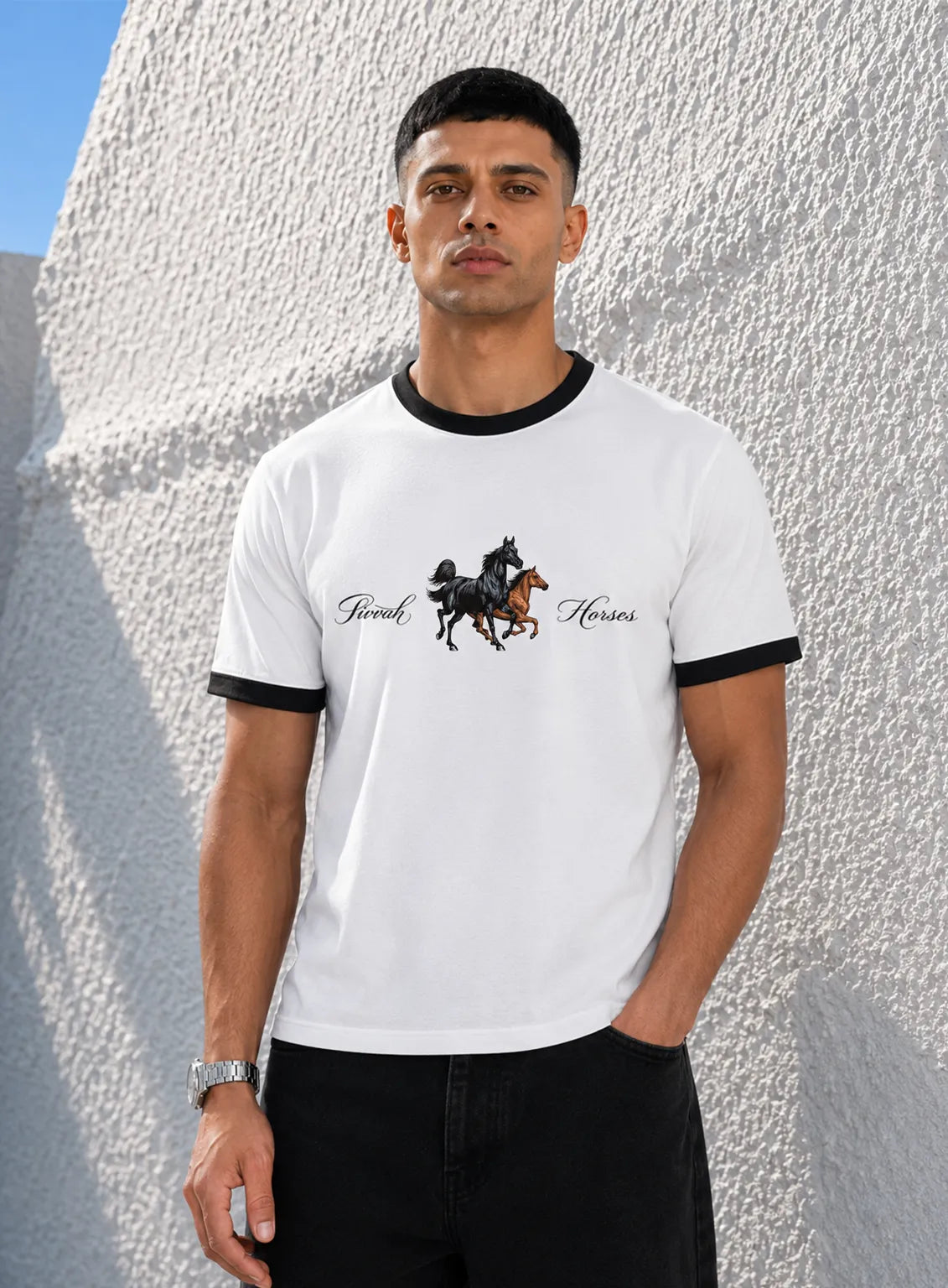 Ringer T-Shirt – White Black | Horses Edition
