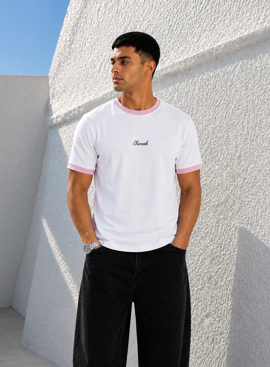 Ringer T-Shirt – Baby Pink & White