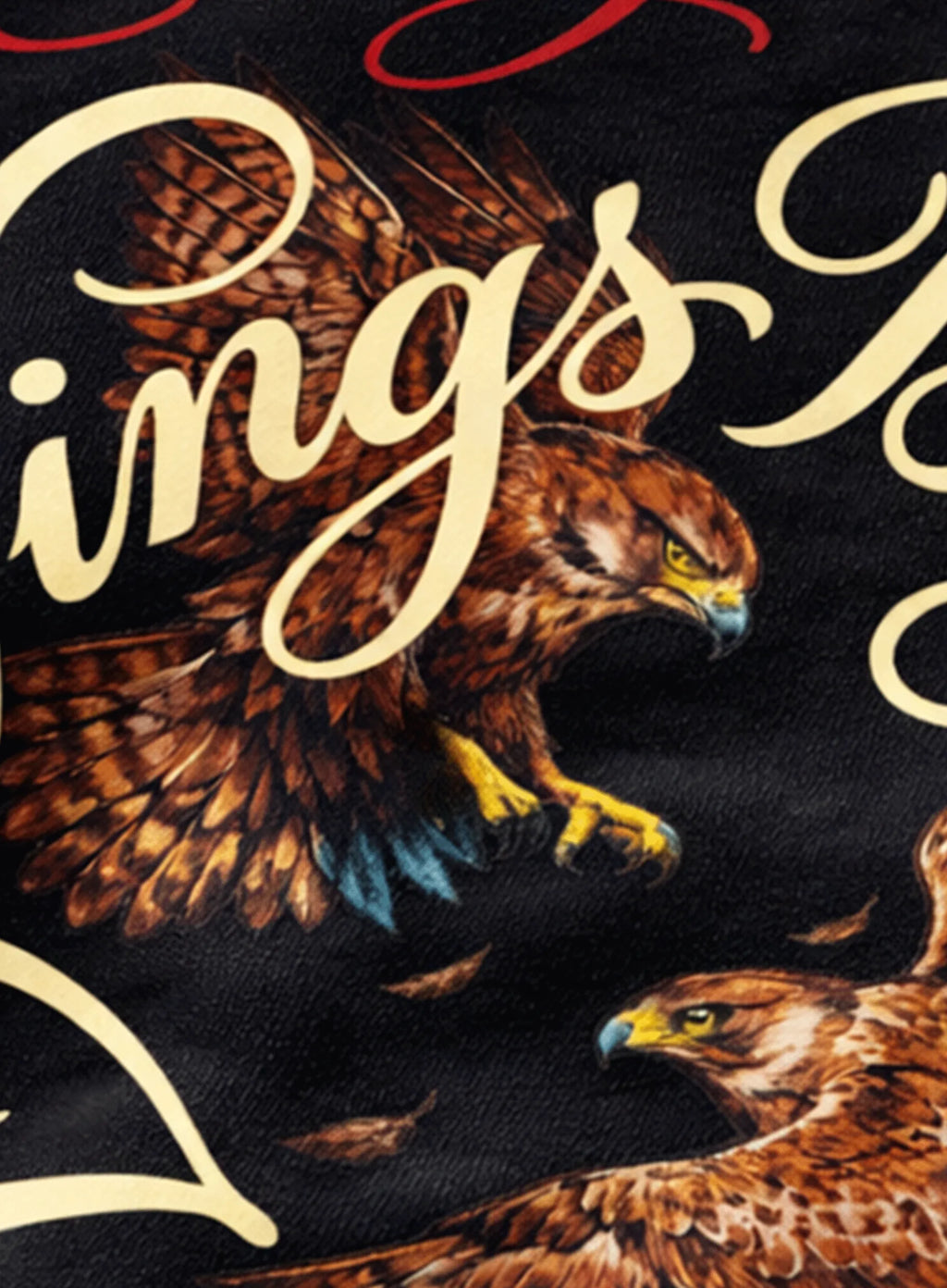 Close-up of a product with eagles and the brand name 'Kings' on a black background.