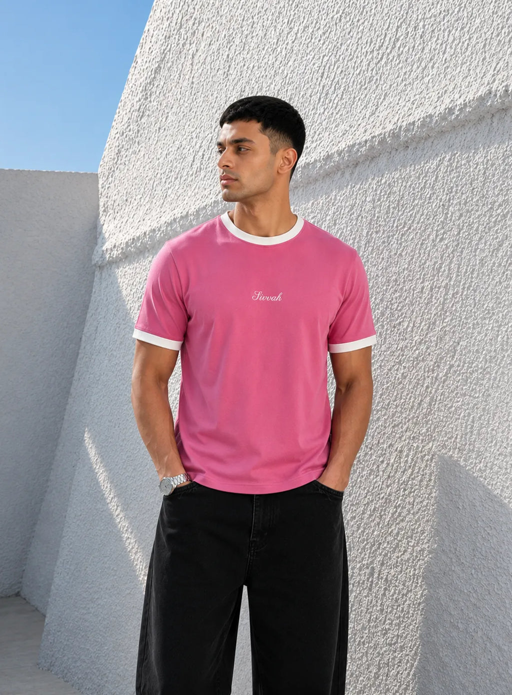 Ringer T-Shirt – Baby Pink & White