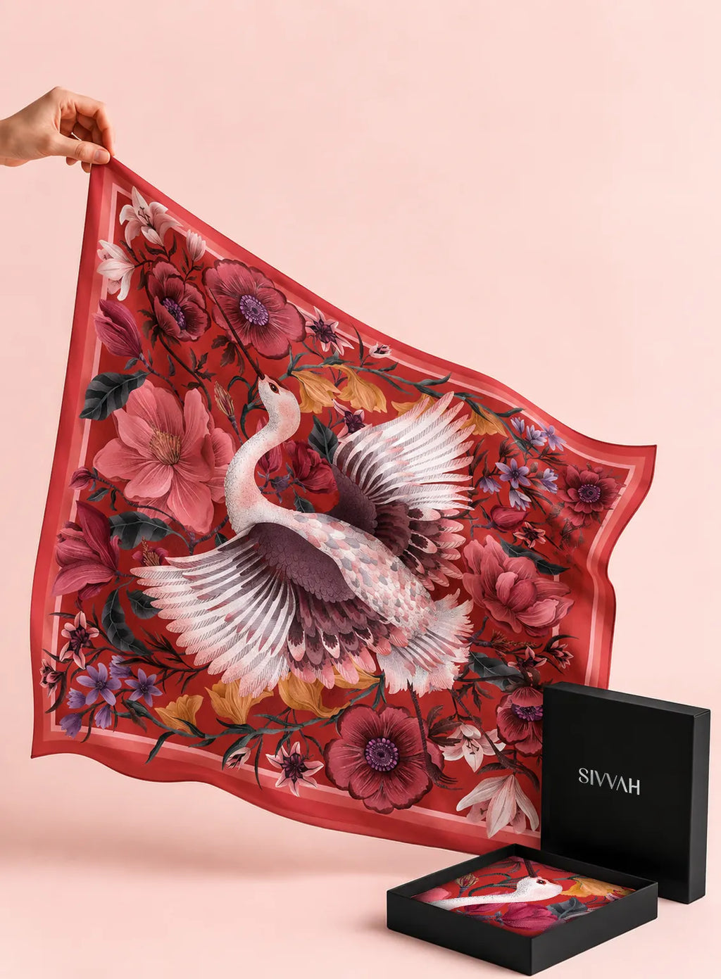 Crimson Crane Floral Scarf