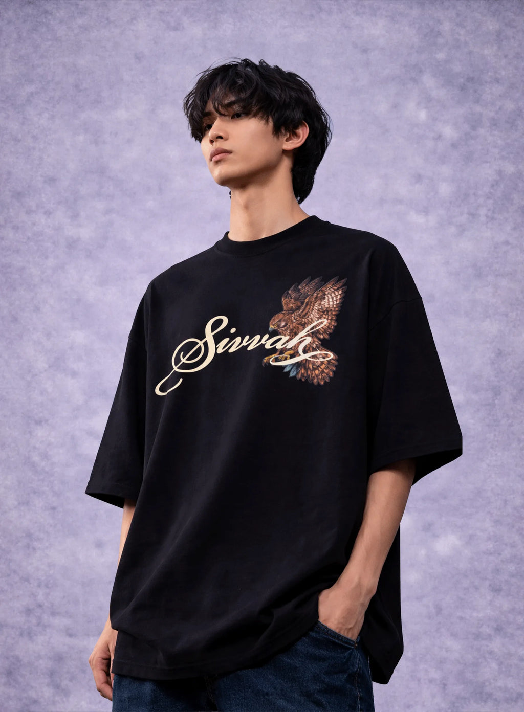 Person wearing a black t-shirt with 'Sival' logo against a gray background