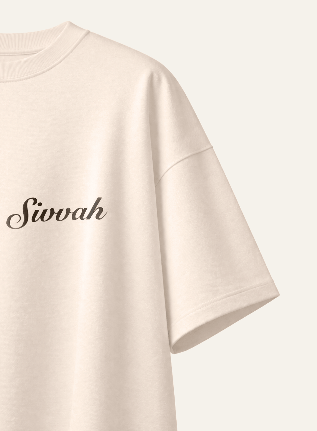 Beige t-shirt with 'Sivvah' text on a light gray background