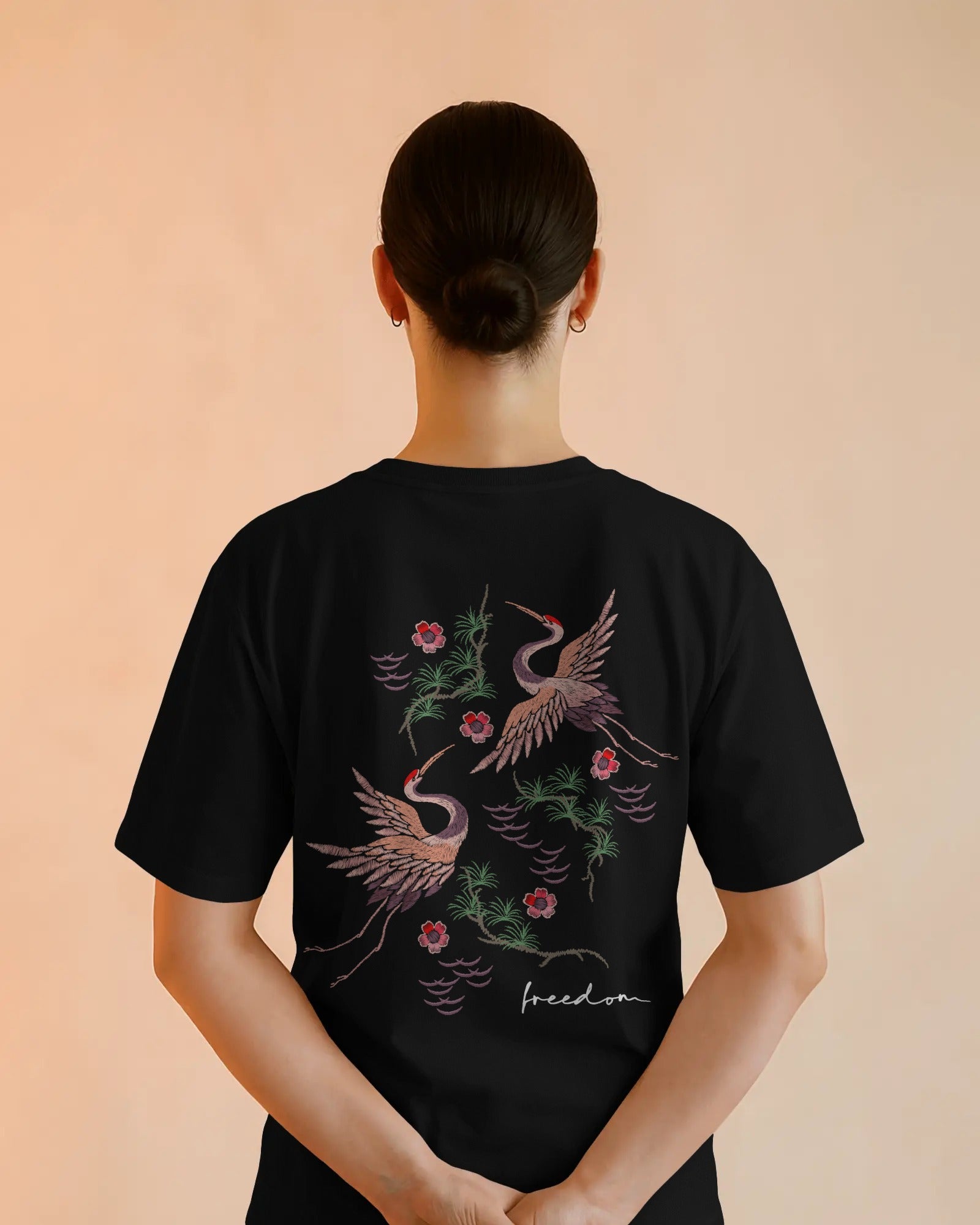 Embroidered Feel Harmony – Japanese Crane Floral Tee