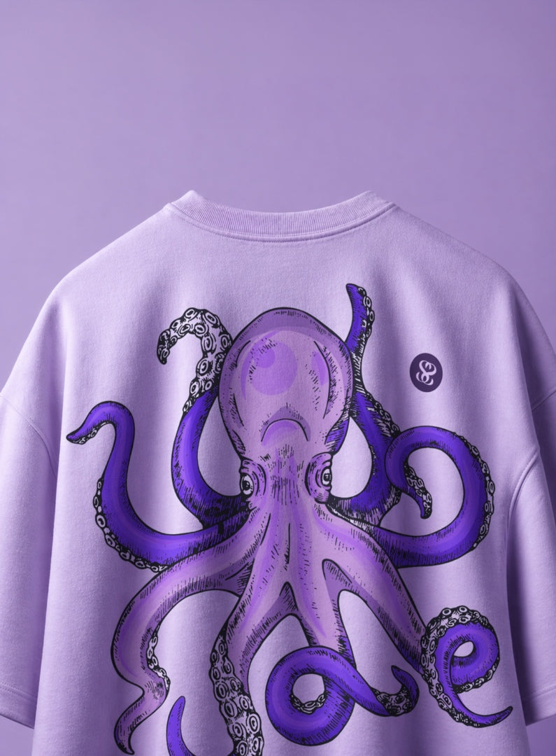 Light purple sweatshirt with a large purple octopus design on a matching light purple background