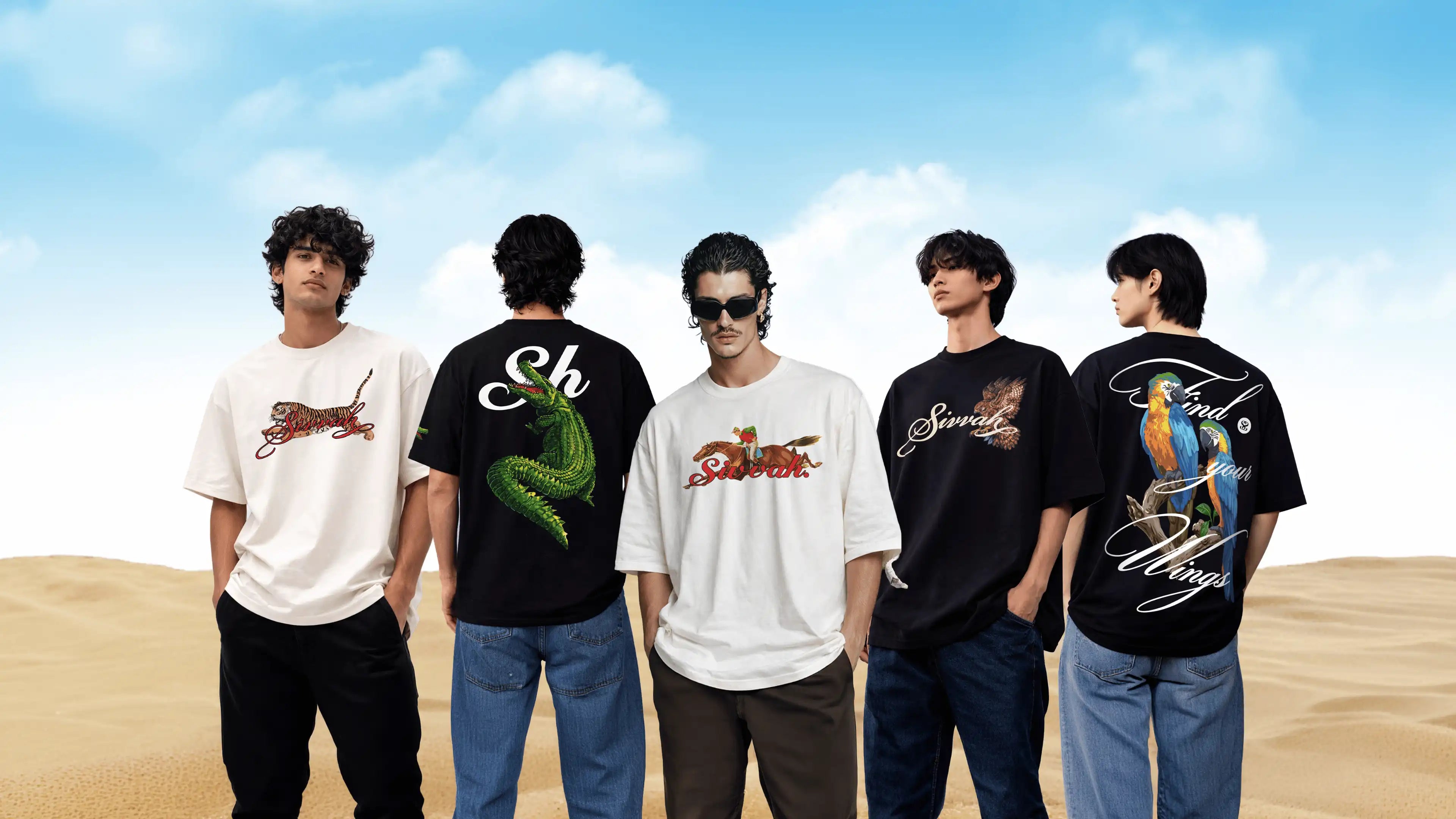 Five people wearing t-shirts with various designs against a desert background