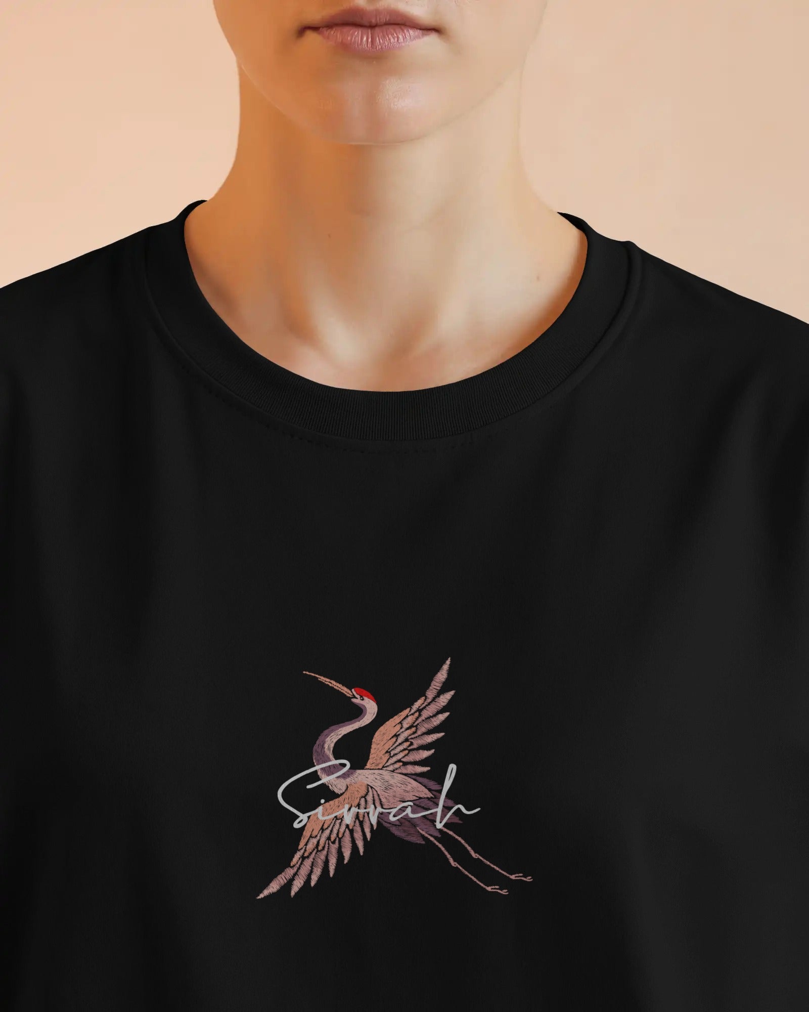 Embroidered Feel Harmony – Japanese Crane Floral Tee